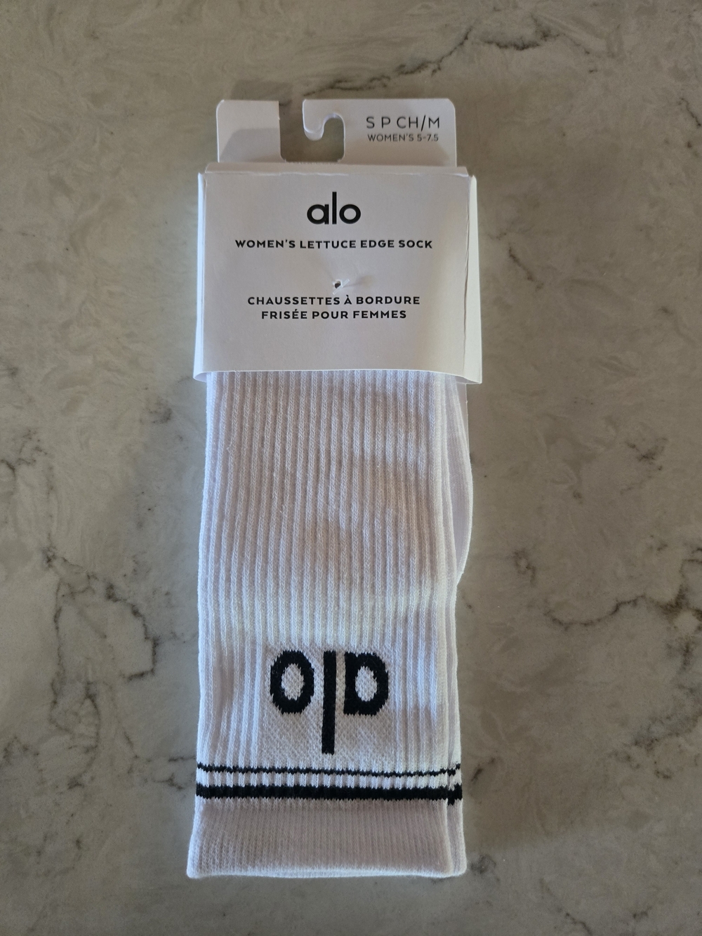 ALO Yoga White Women's Lettuce Edge Athletic Socks with Black Logo Stripe
